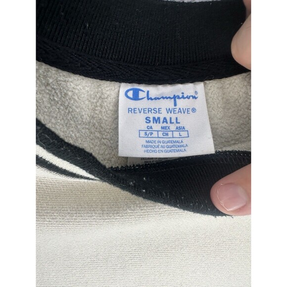 Champion Reverse Weave Sweatshirt Small Beige Black Varsity Stripe Crewneck - Picture 4 of 5